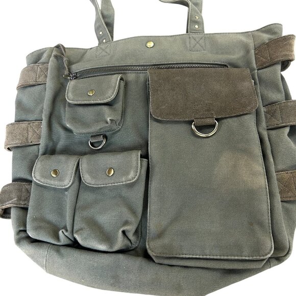 Levenger Army Green Canvas Suede Leather Tote Shoulder Laptop Bag - Picture 2 of 10